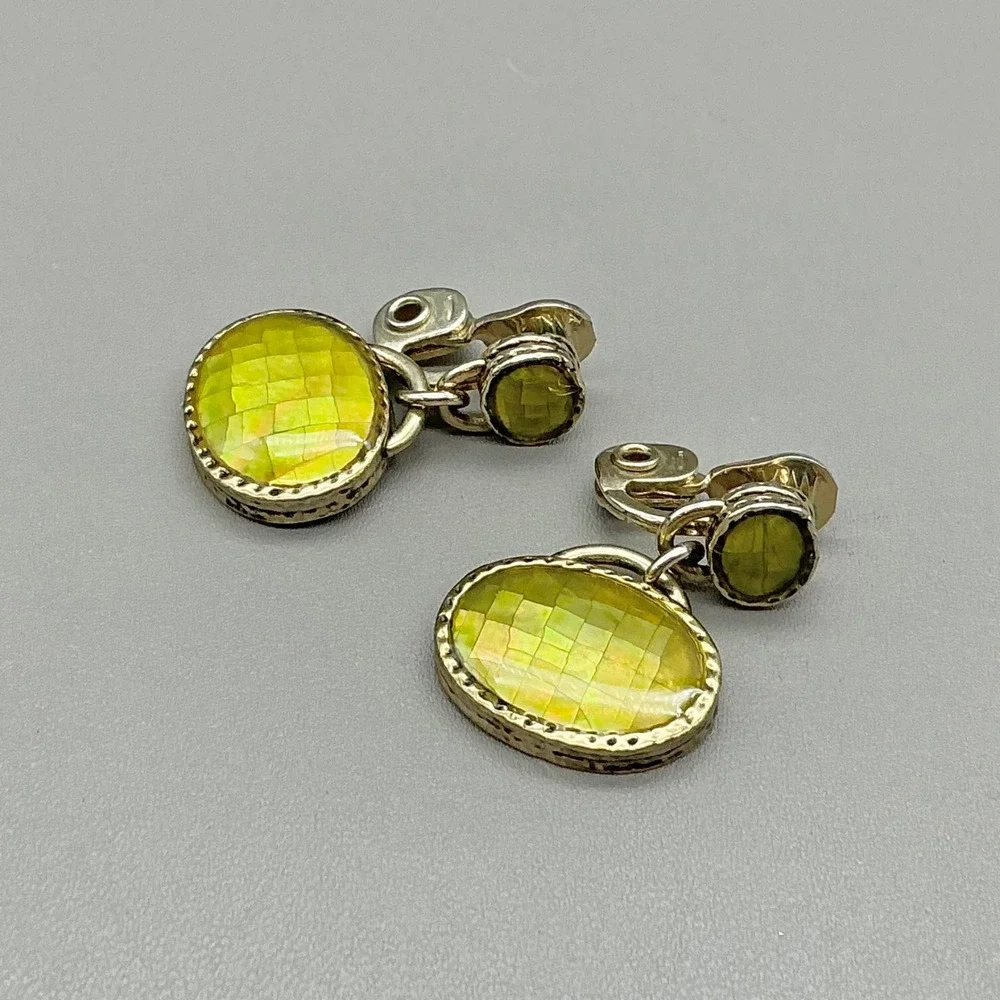 Monet Earrings Green Mother of Pearl Clip On Dangle Gold Tone Signed 1.25
